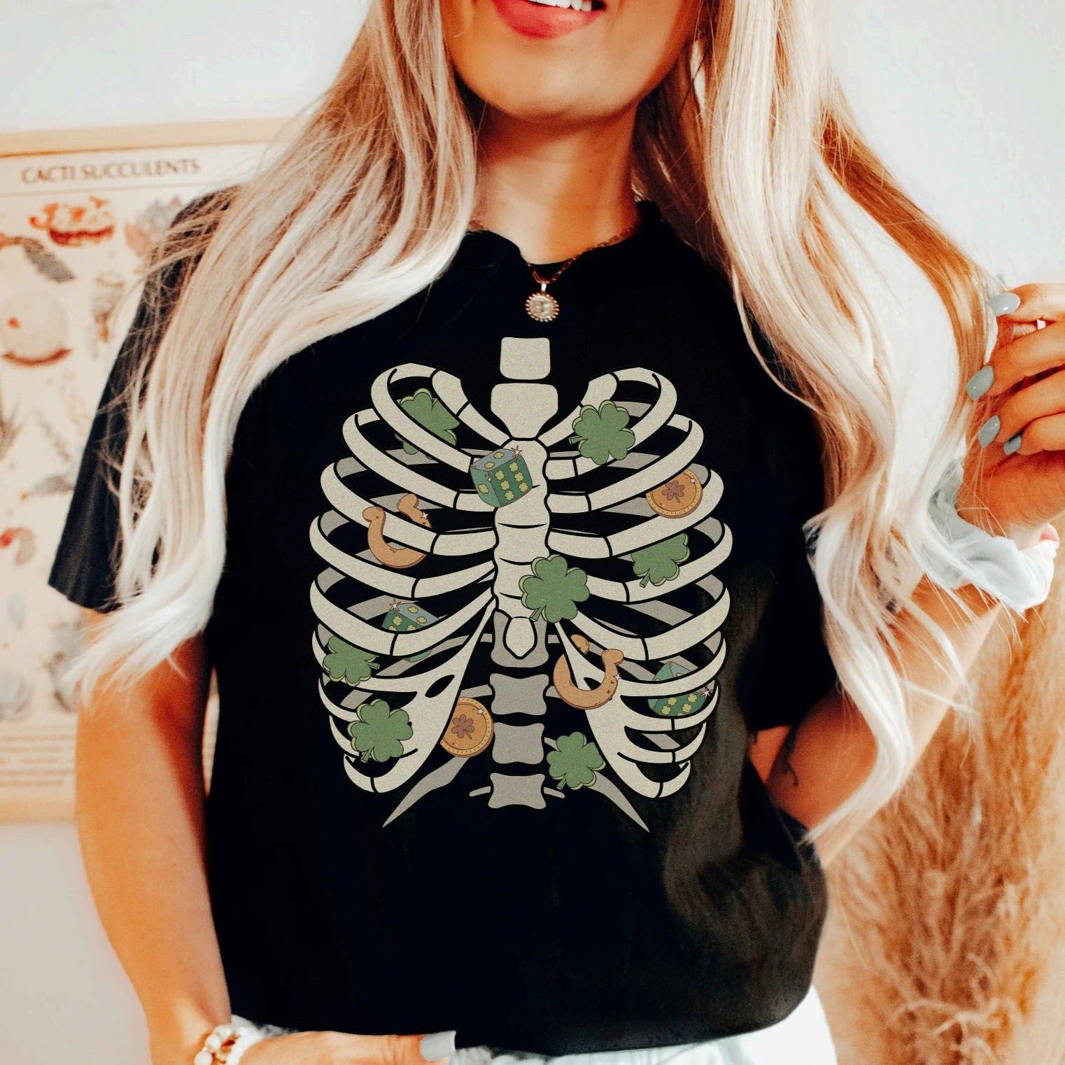 luckystpatrickribcageblack St. Patricks Day Rib Cage T-Shirt - Image 1
